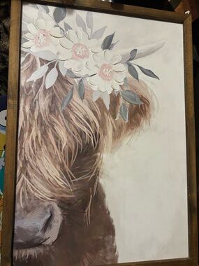 Floral Highland Cow Wall Art – Blush and Neutral Tones
